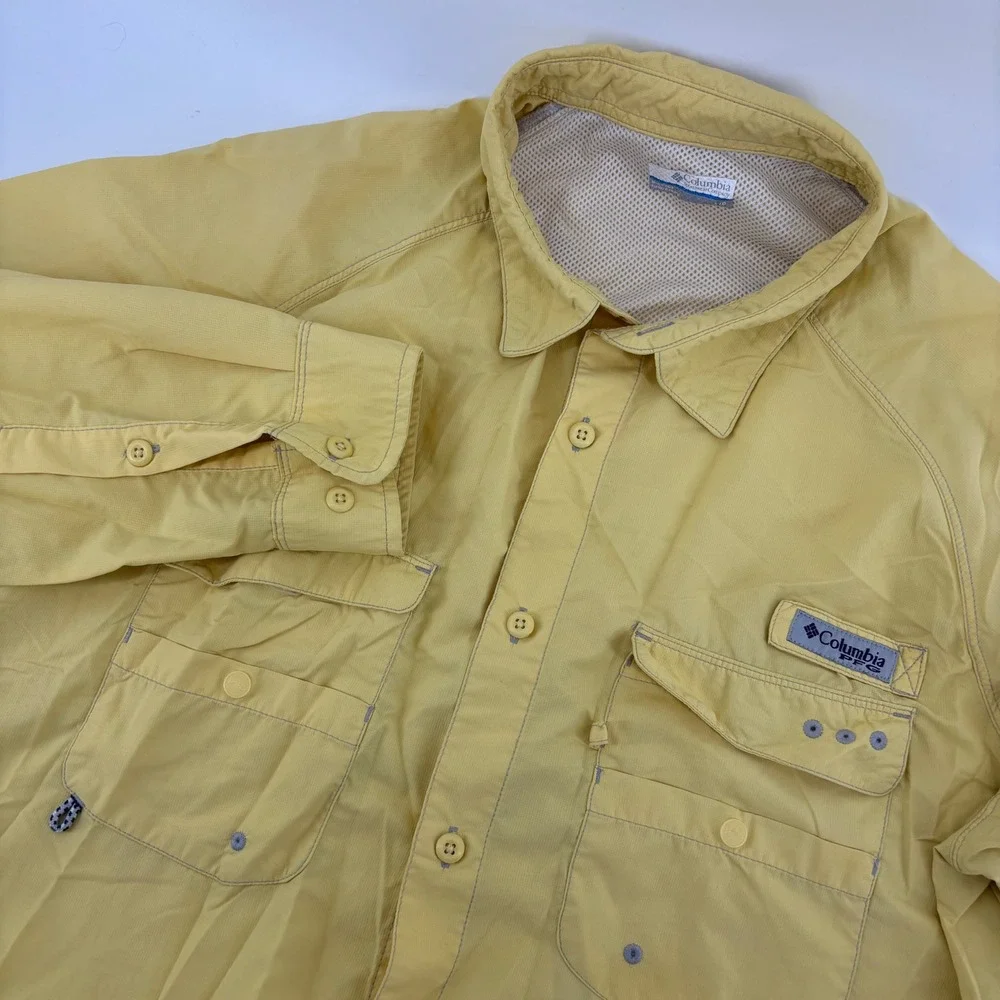 Columbia PFG Fishing Shirt Mens Large‎ Yellow Excellent Long Sleeve Ventilated